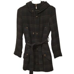 Free People Belted Hooded Grid Coat Black Navy Plaid Size S
